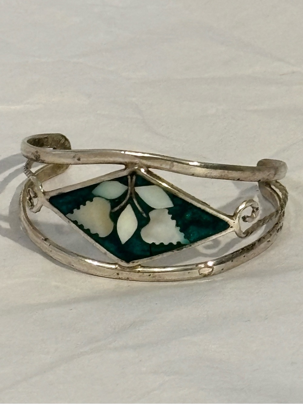 Vintage Mexican Alpaca Silver Cuff Bracelet Abalone MOP Floral Inlay Mexico